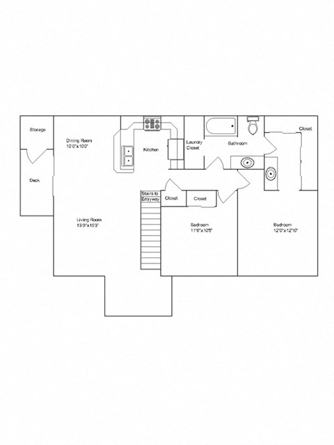 Floor plan for 2 beds, 1.3 baths, 1209 sqft